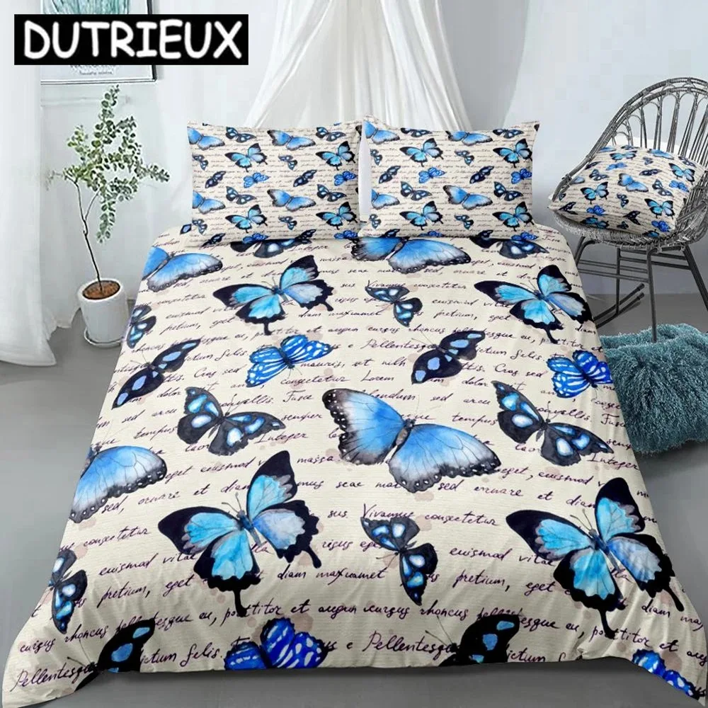 Blue Butterflies Duvet Cover Set 3 Pieces Hand Written Text Note Bedding Kids Boys Girls Animal Quilt Cover Queen Dropship