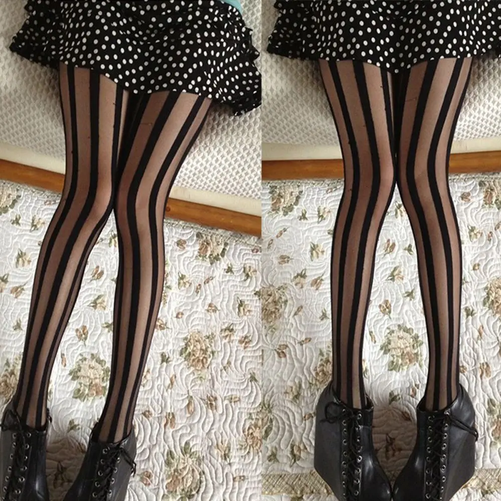 1PC ผู้หญิงเซ็กซี่ Tights Rock Punk Gothic ถุงน่องสีดำ Pantyhose แนวตั้งลายสำหรับหญิงสาว