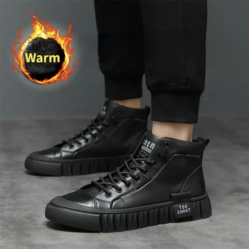 Genuine Leather Men Boots Motorcycle Boots Luxury Quality Man Ankle Boots Plus Velvet Thick-Soled Waterproof Flats Male Sneakers