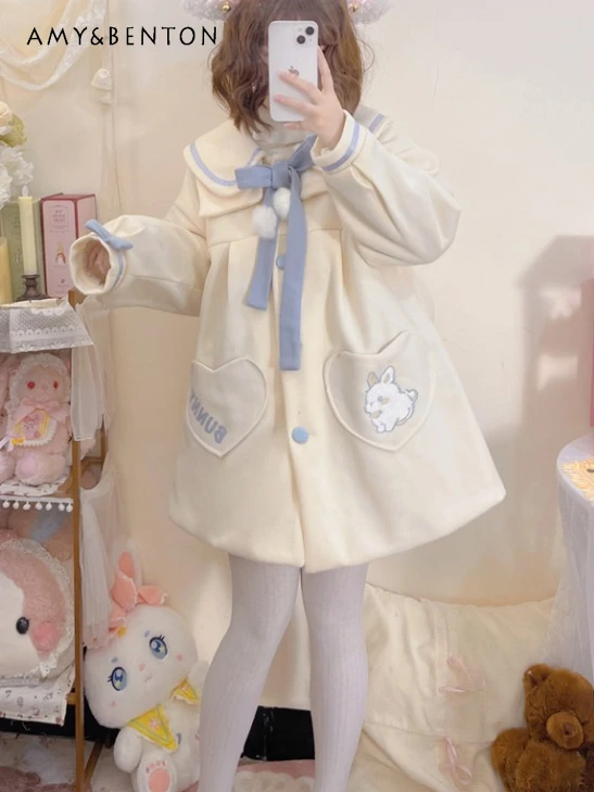 Plus Size Lolita Coats Sweet Cute Doll Collar Cartoon Printed Wool Coat Lace-up Bow Lantern Sleeve Winter Coat Kawaii Women Coat