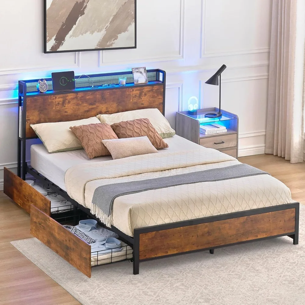 

Queen Size Bed Frame with Storage Headboard and 4 Drawers, Platform Bed Frame with Charging Station and LED Lights, Metal Suppor