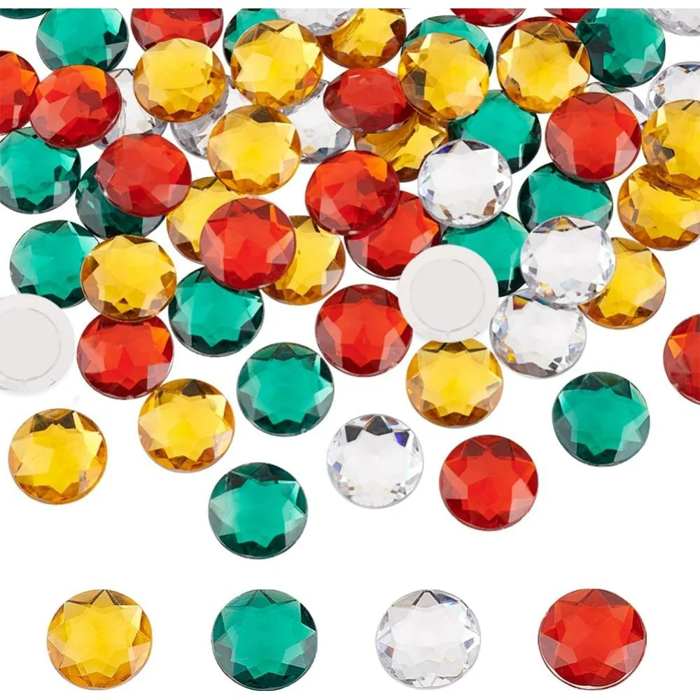 64Pcs 20mm Flat Back Round Acrylic Rhinestone Stick On Plastic Gems Red Green Clear Yellow Self Adhesive Jewels Embelishments