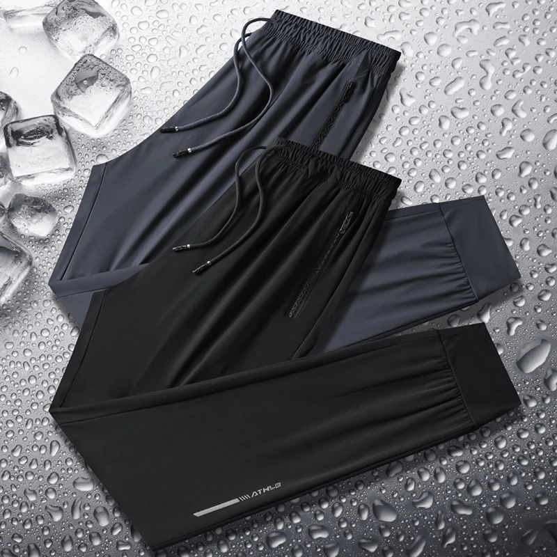 Summer Ice Silk Pants Casual Solid Color Quick Drying Run Training Sports Pants Loose Breathable Drawstring Straight Leg Pants