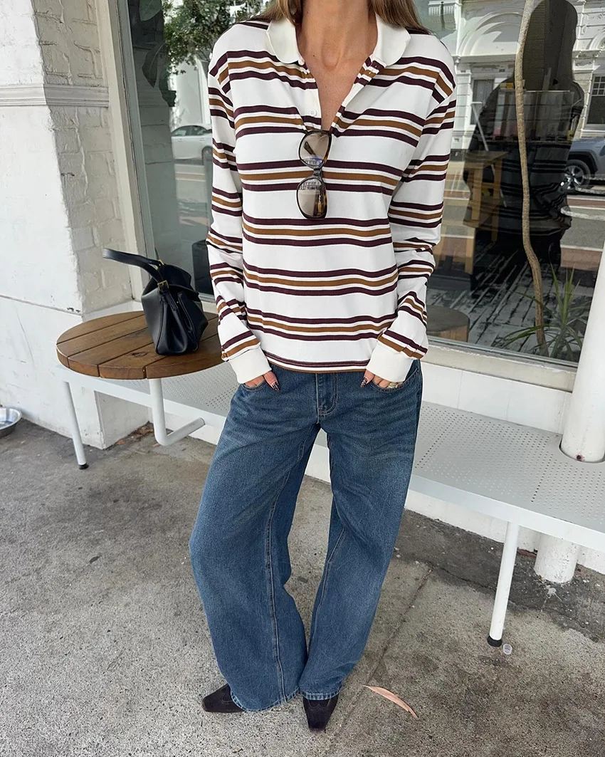 

Color Block Striped Long Sleeve Knitted T Shirt Versatile Slim Fit Casual Polo Shirt Top for Autumn