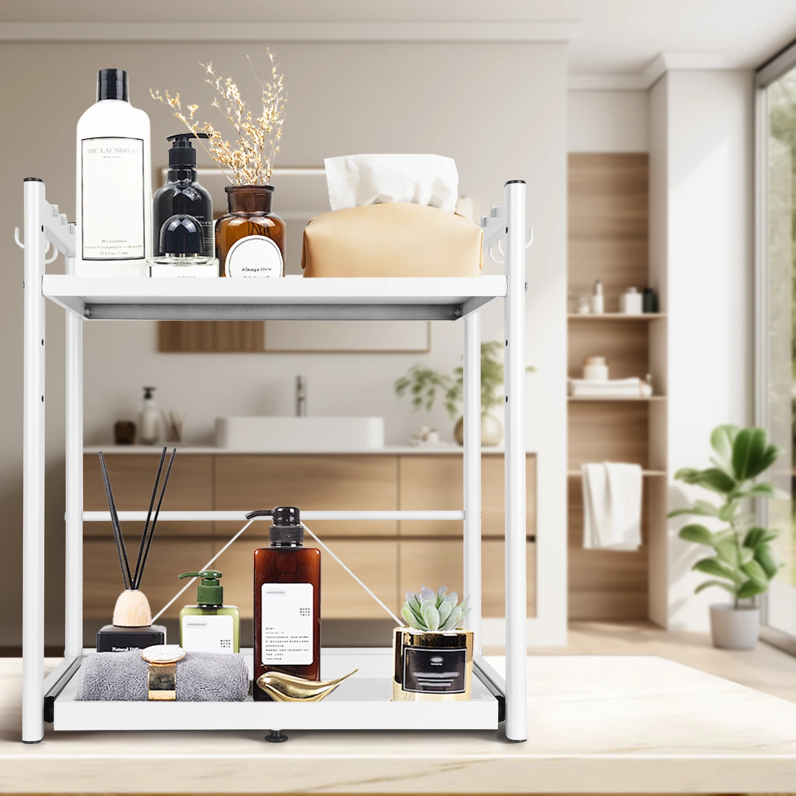 Expandable Microwave Rack with Hooks Microwave Storage Stand Non Slip Over Microwave Shelf Carbon Steel for Kitchen