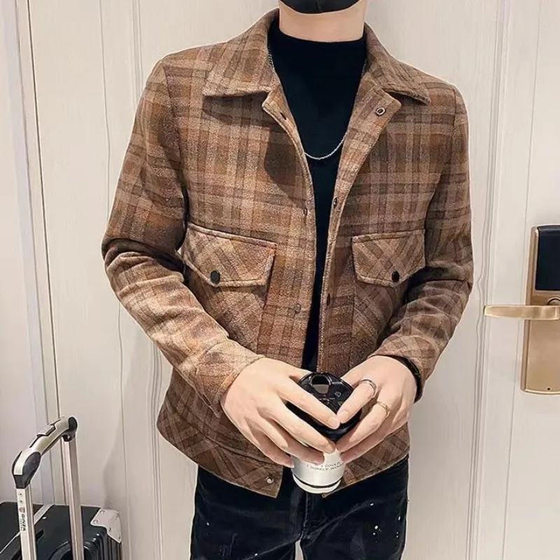 Man Coat Winter Sales of Plaid Short Jacket for Men Wool & Blends New in Cold Aesthetic Casual High Quality Harajuku Vintage Y2k