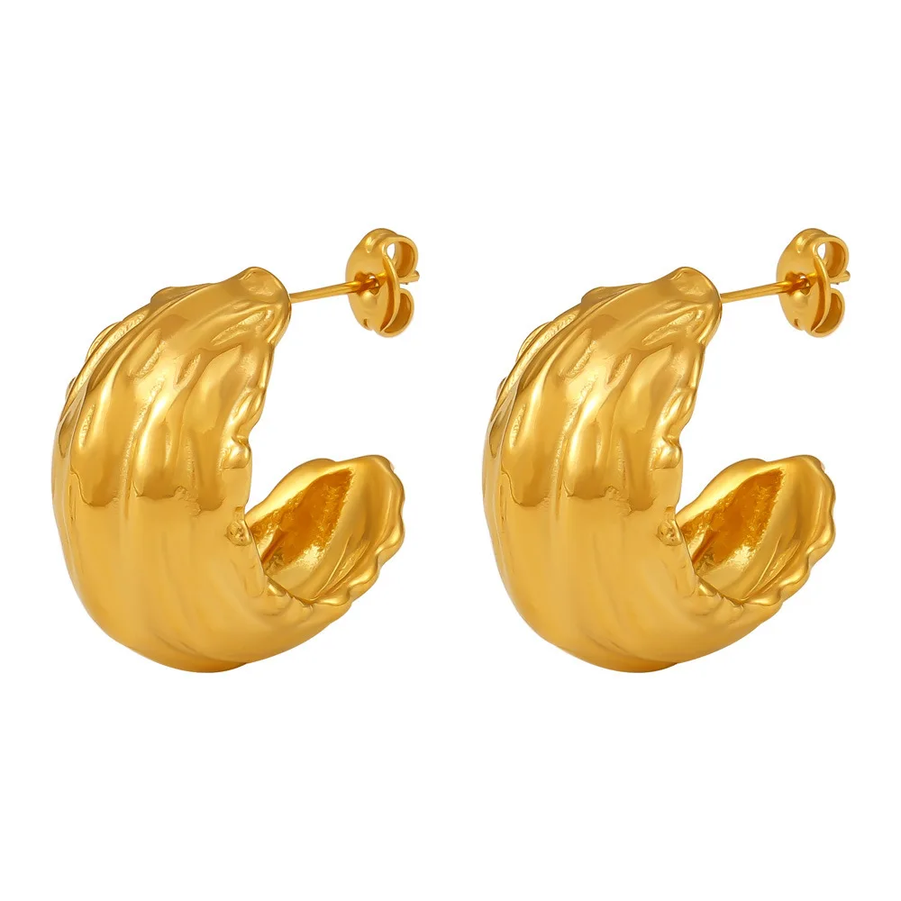 Fashion Irregular Texture C Shape Dangle Earrings For Women 316L Stainless Steel Gold Plated Statement Earrings Daily Jewelry