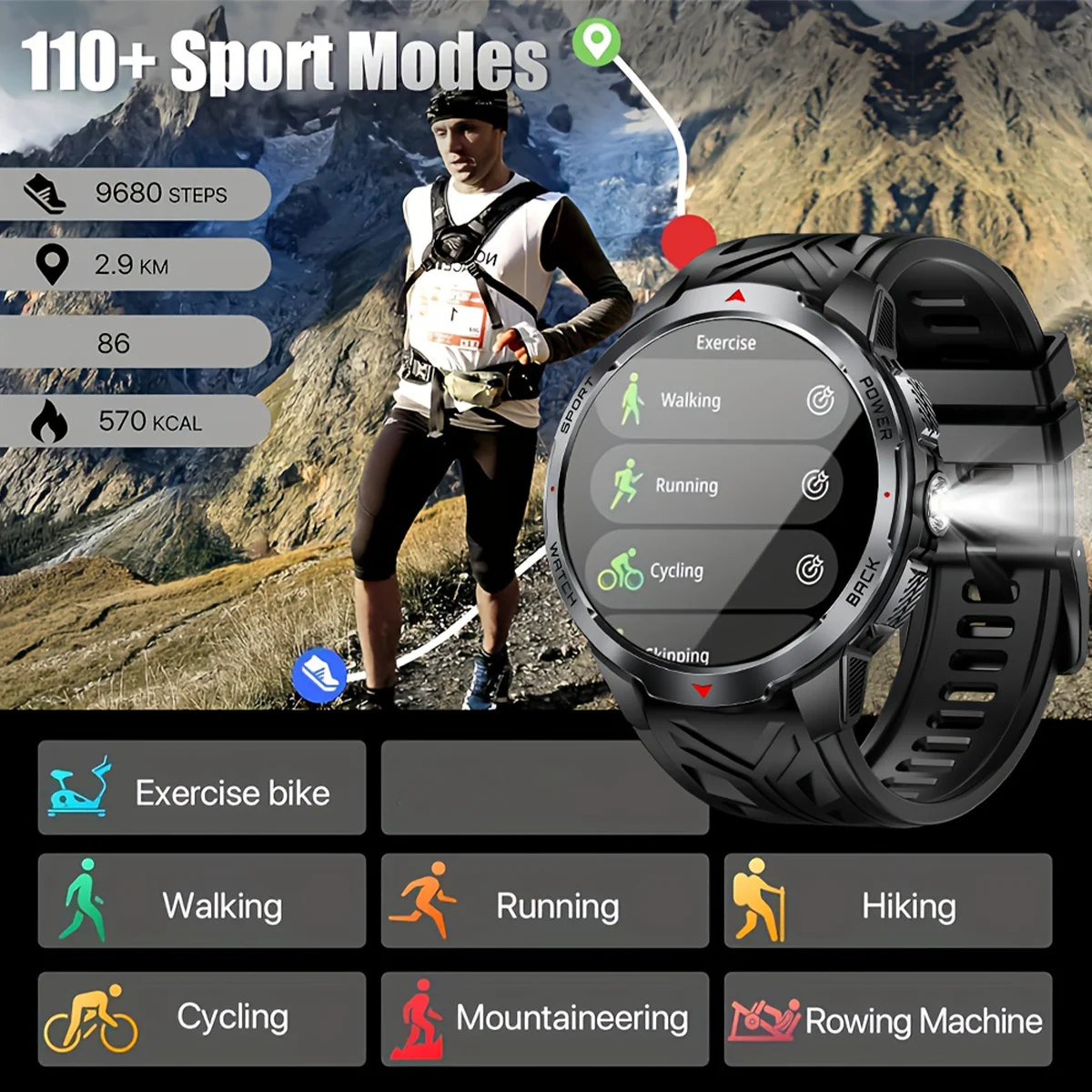 Smartwatch LED Flashlight Outdoor Compass BT Call 100+ Sports Fitness Tracker 1100 Mah Large Capacity Voice Assistant Smartwatch - view 3