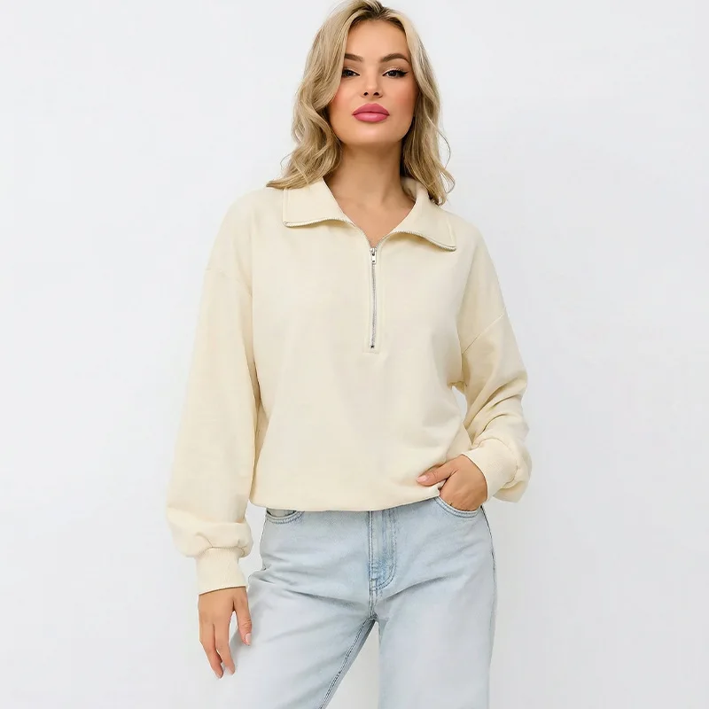 

Woman's Campus Basic Tops Autumn/Winter American long sleeve Drop Shoulder Casual Versatile Solid Color Half Zipper Short Top