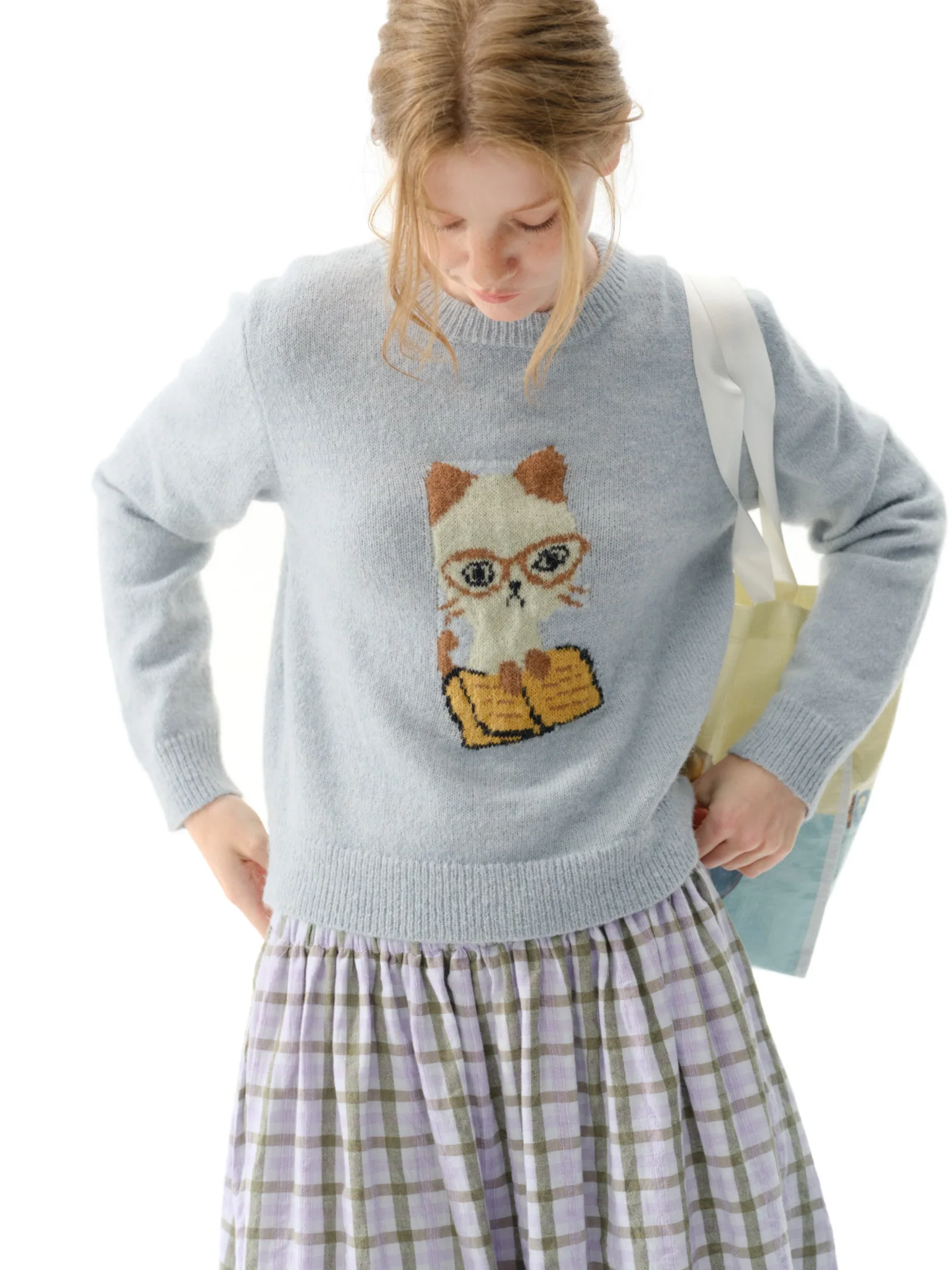 

NiuNie Original Design Love Reading Blue round Ne Knitted Sweater Women's Overhead Sle Warm Fce Long Sve Autumn...