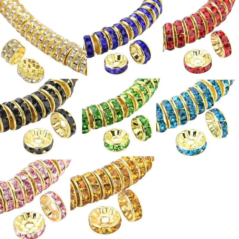 50 Stück 8 mm große, farbige, flache, kreisförmige, mit Strass besetzte lose Perlen, verwendet für DIY-Armbänder, Bekleidungszubehör, Schmuckherstellung