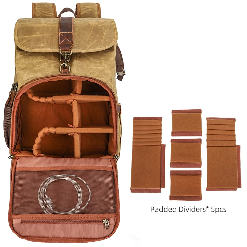 Waterproof Waxed Canvas 2 In 1 Backpack, Quick Release Adjustable Dividers Tripod Pocket For Laptop Camera