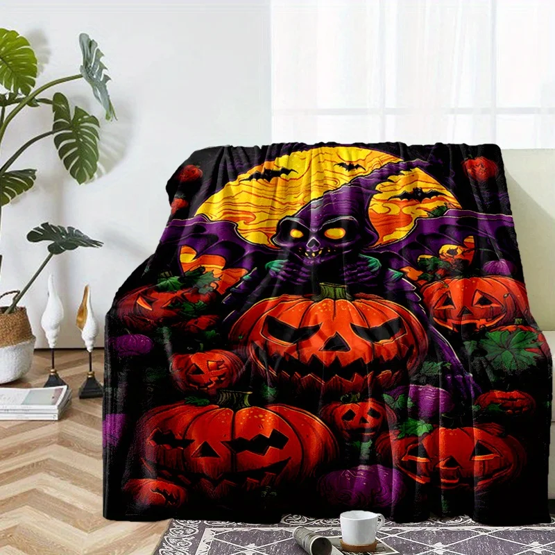 Halloween Pumpkin and Bat Design Soft Blanket – 100% Polyester Cozy Sofa Bed Throw for All Seasons