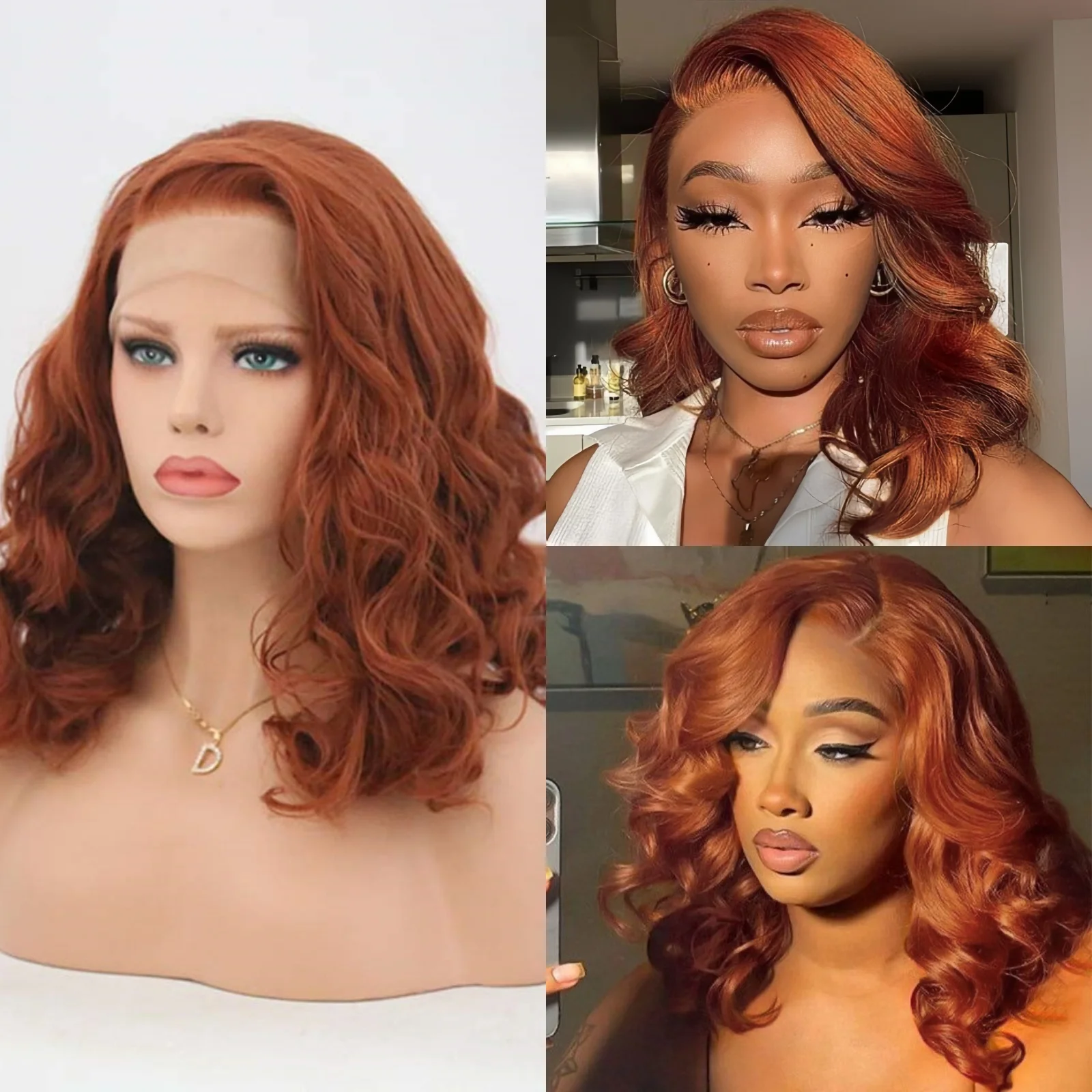 Copper Red Short Curly Wavy Bob Wig Synthetic Lace Front Wig Ginger Orange Auburn Colored Loose Wave 13x4 Frontal Wigs for Women