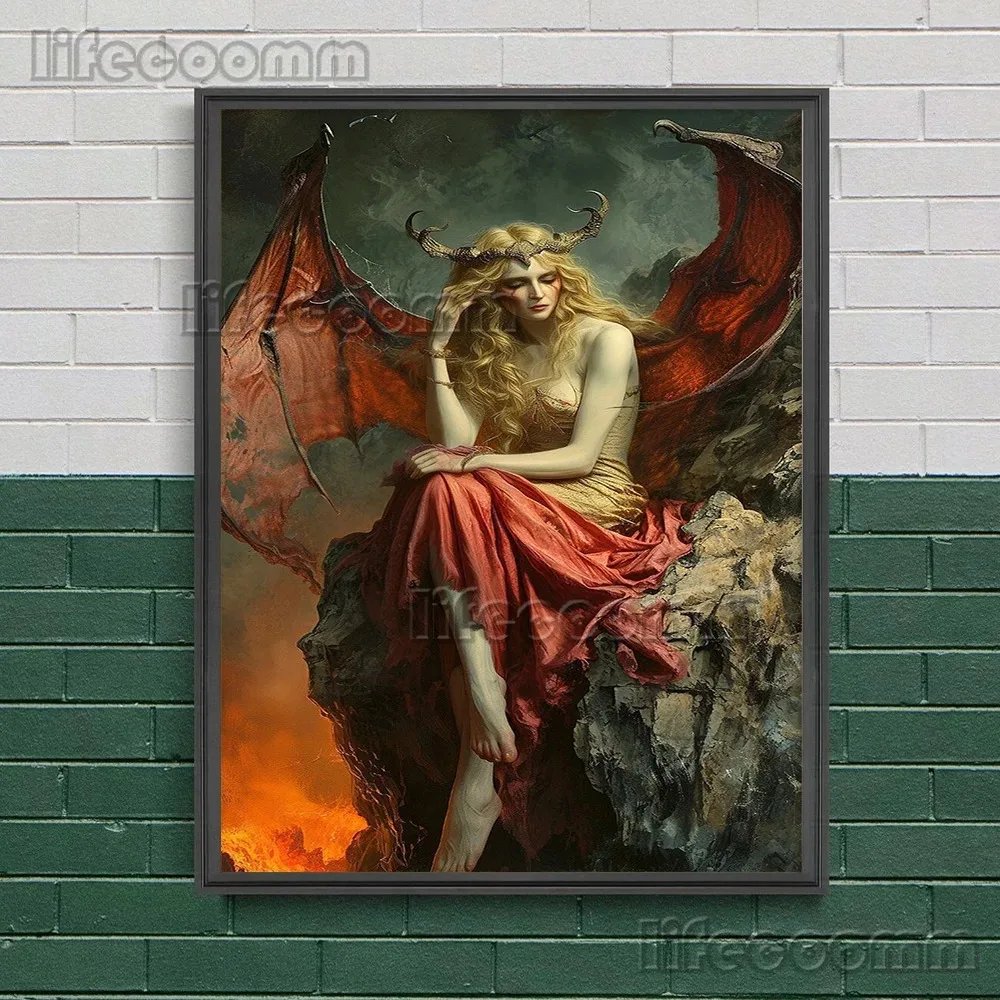 Red Winged Lilith And Succubus Demon Wall Art Canvas Painting Dark Academia Witchy Artwork Poster And Print Home Decor Unframed