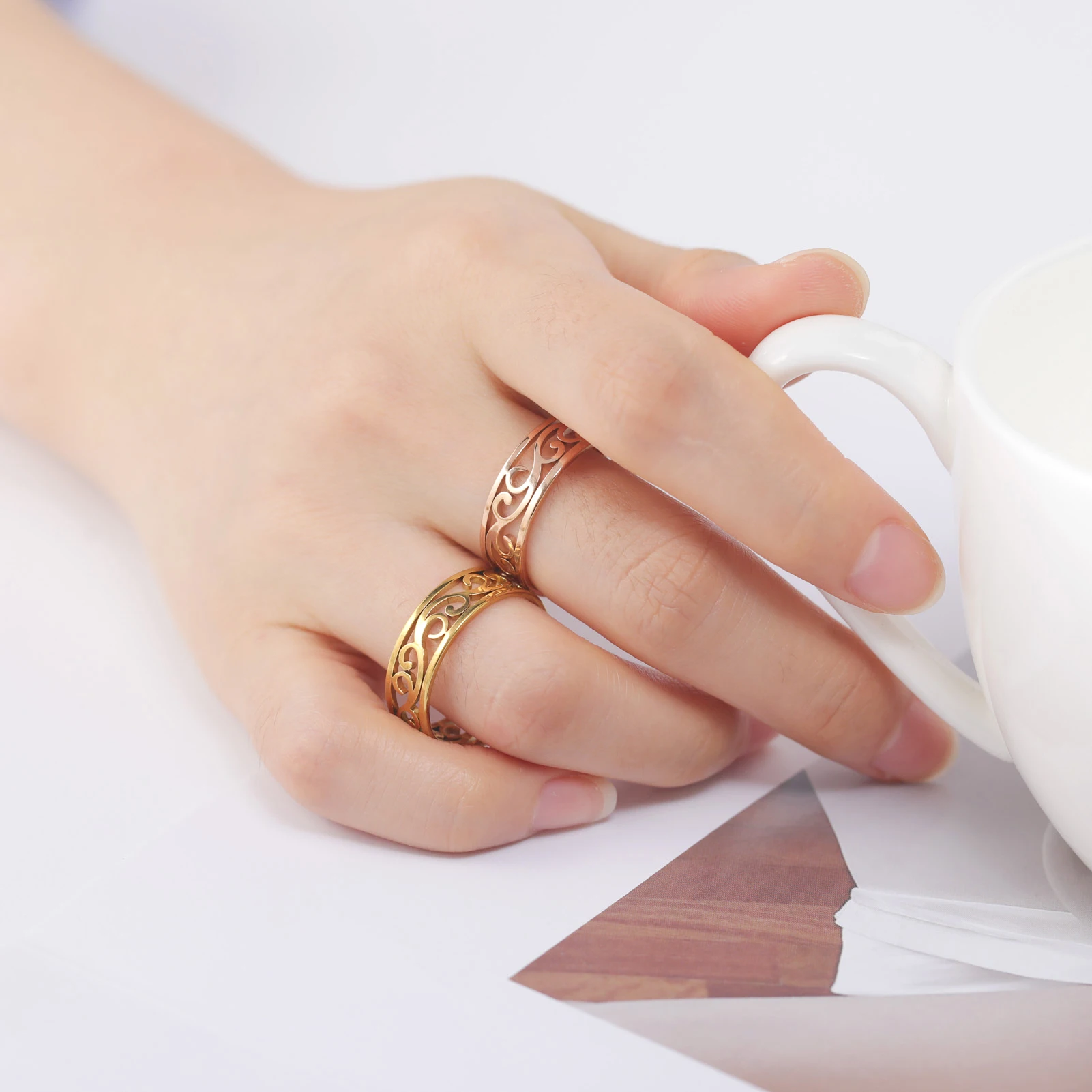COOLTIME Filigree Flower Rings for Women Stainless Steel Romantic Couple Finger Rings Trend Birthday Jewelry Gift New in
