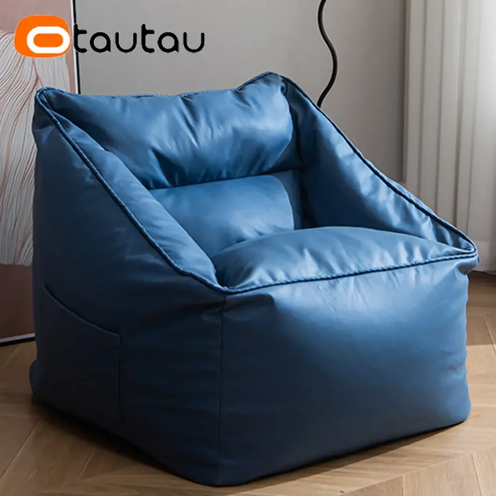 OTAUTAU Adults Faux Leather Bean Bag Cover No Filler Single Sofa Pouf Ottoman Armchair Beanbag Chair Lazy Couch SF054