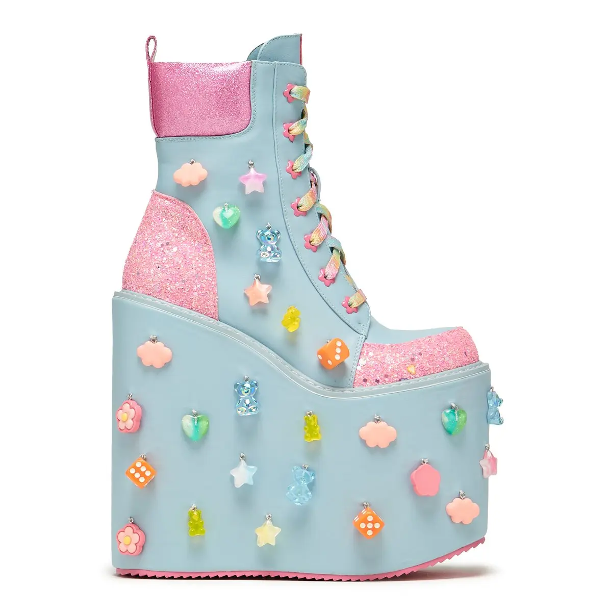 Round Toe Pastel Blue Pink Platform Wedge Ankle Boots Women 3D Colorful Heart Star Decor Lace Up Kawaii Goth High Heel Boots