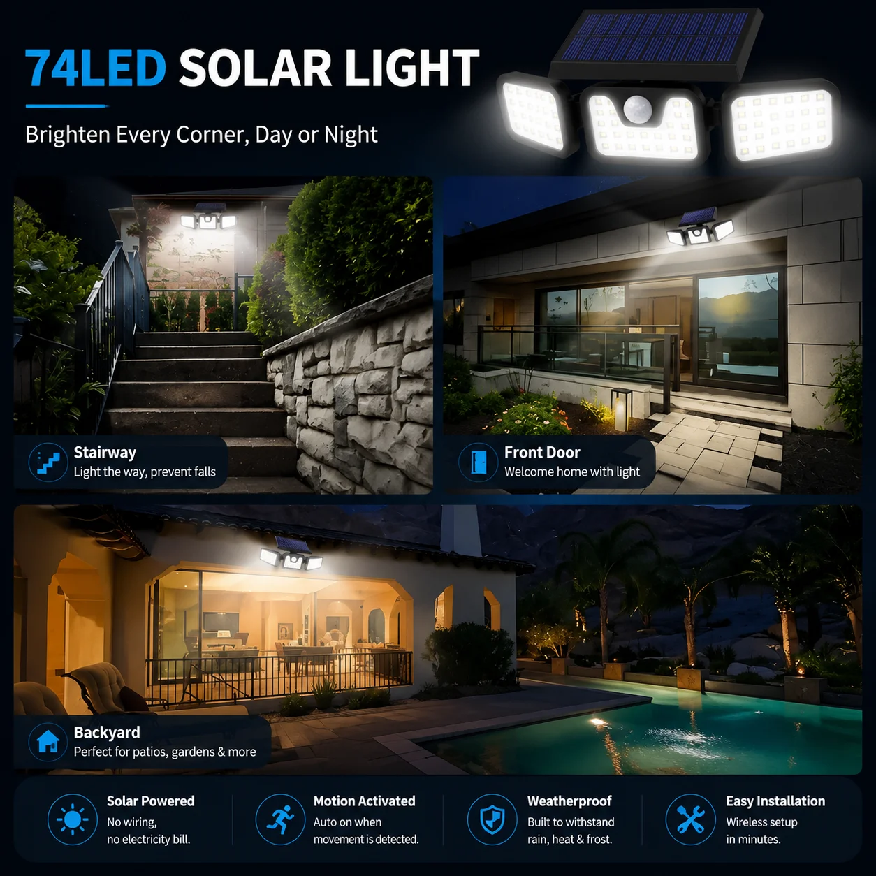 3灯式ソーラーモーションセンサーライト（屋外用）、IP65防 - Smart Garden Led Lights のレビューと価格