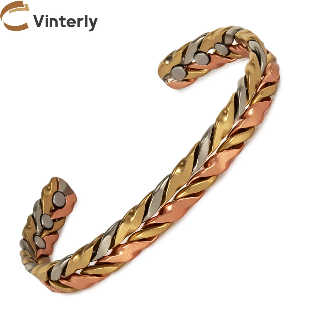Vinterly Pure Copper Bracelets Twisted Handmade Braided 9mm Adjustable Bangles Cuff Health Energy High Magnet Jewelry Resizable