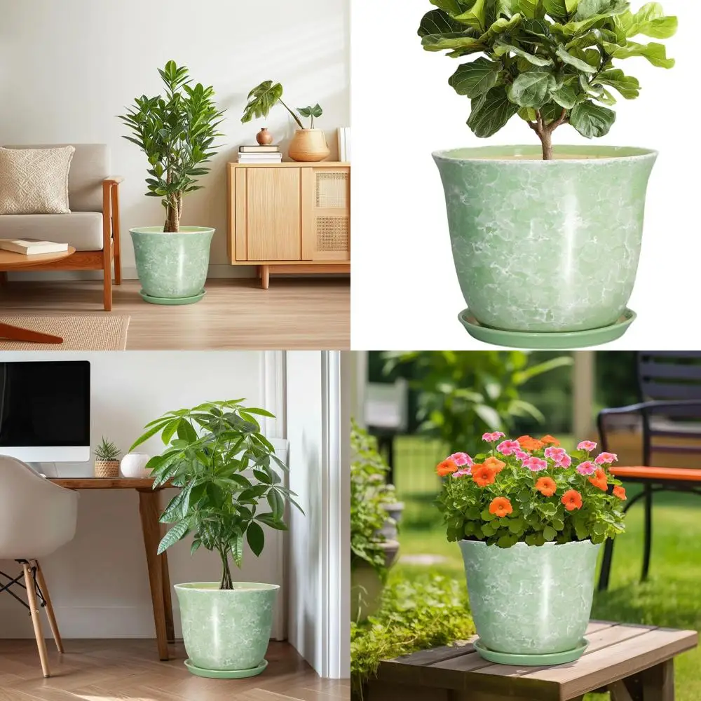 

Large 12 Green Ceramic Plant Pots with Drainage and Saucer for Indoor/Outdoor Use