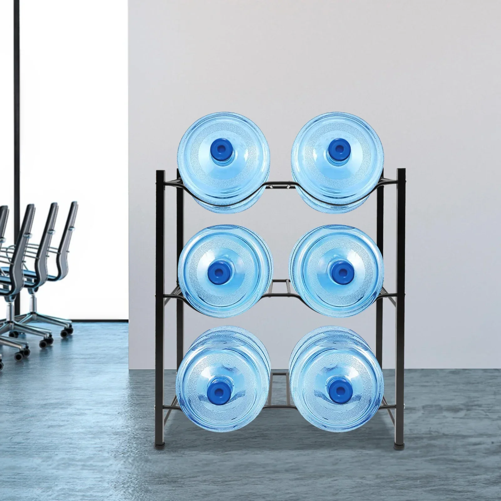 

3-х уровневая подставка для бутылок с водой для кувшинов на 5 галлонов, черный стальной органайзер для хранения с 6 слотами, напольный держатель диспенсера