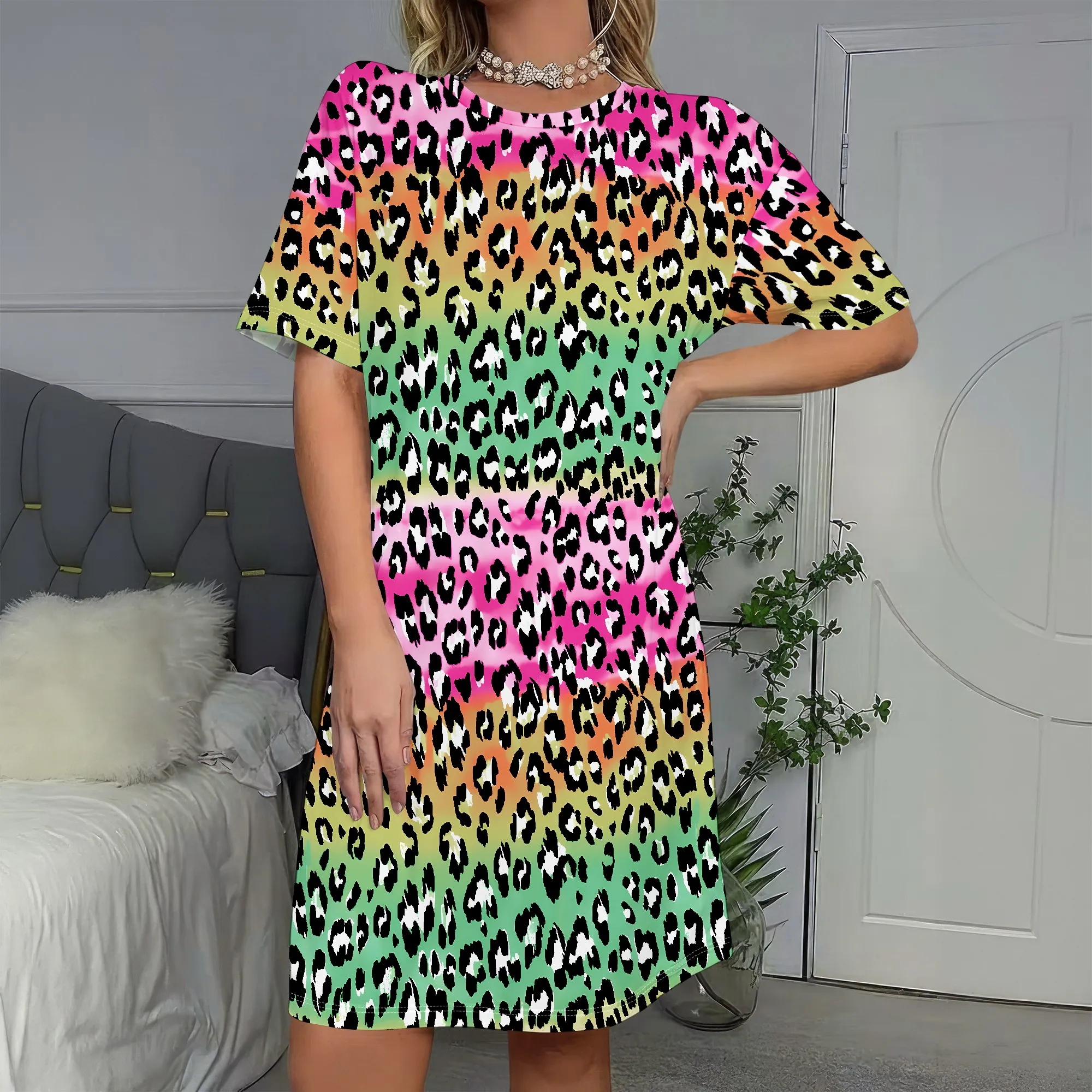 

Rainbow Leopard Short Sleeve Colorful Animal Print ShiftVibrant Gradient Fashion Tunic, Casual Summer Wear for Women