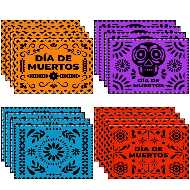 

4/6/8pcs Mexican Day of The Dead Colorful Style Linen Placemat Skull Design Heat Resistant Placemat for Restaurant Dining Decor