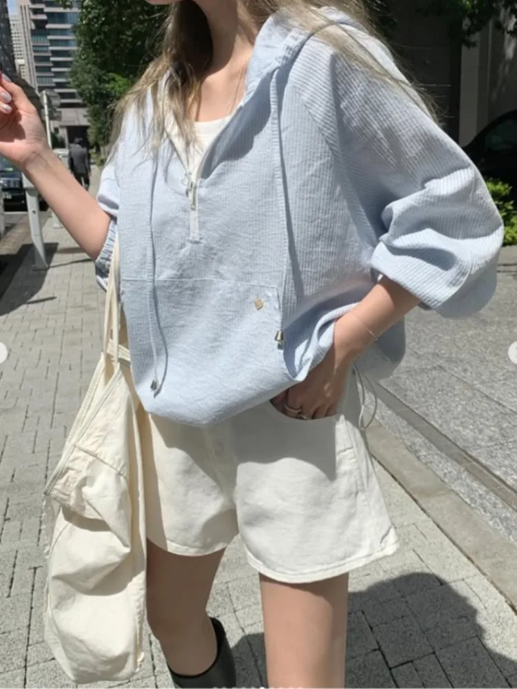 

Summer New Women's Stripe Hooded Thin Sun Protection irt Casual Lazy Sle Dstring Belted Top Lightweight Breathable