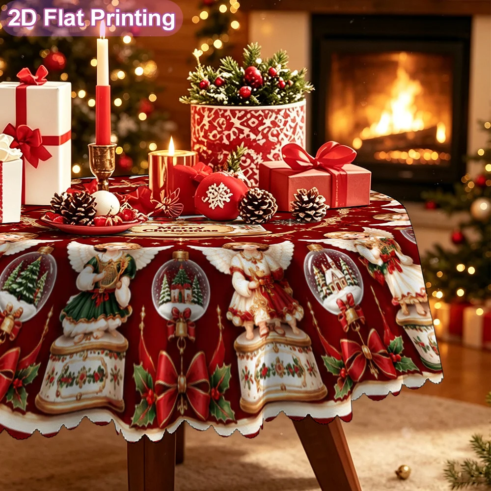 2D flat single piece, Christmas angel snowball lampshade print farmhouse style round tablecloth