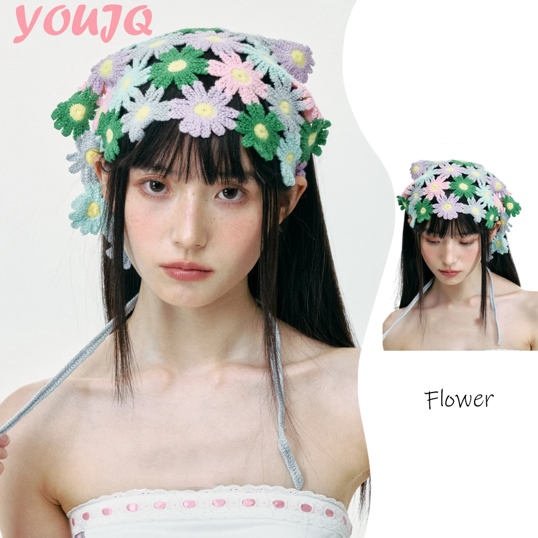 

Dopamine Handmade Hollowed Crochet Knitted Headscarf Women French Hair Band Pastoral Sle Triangular Binder Seaside Vacation