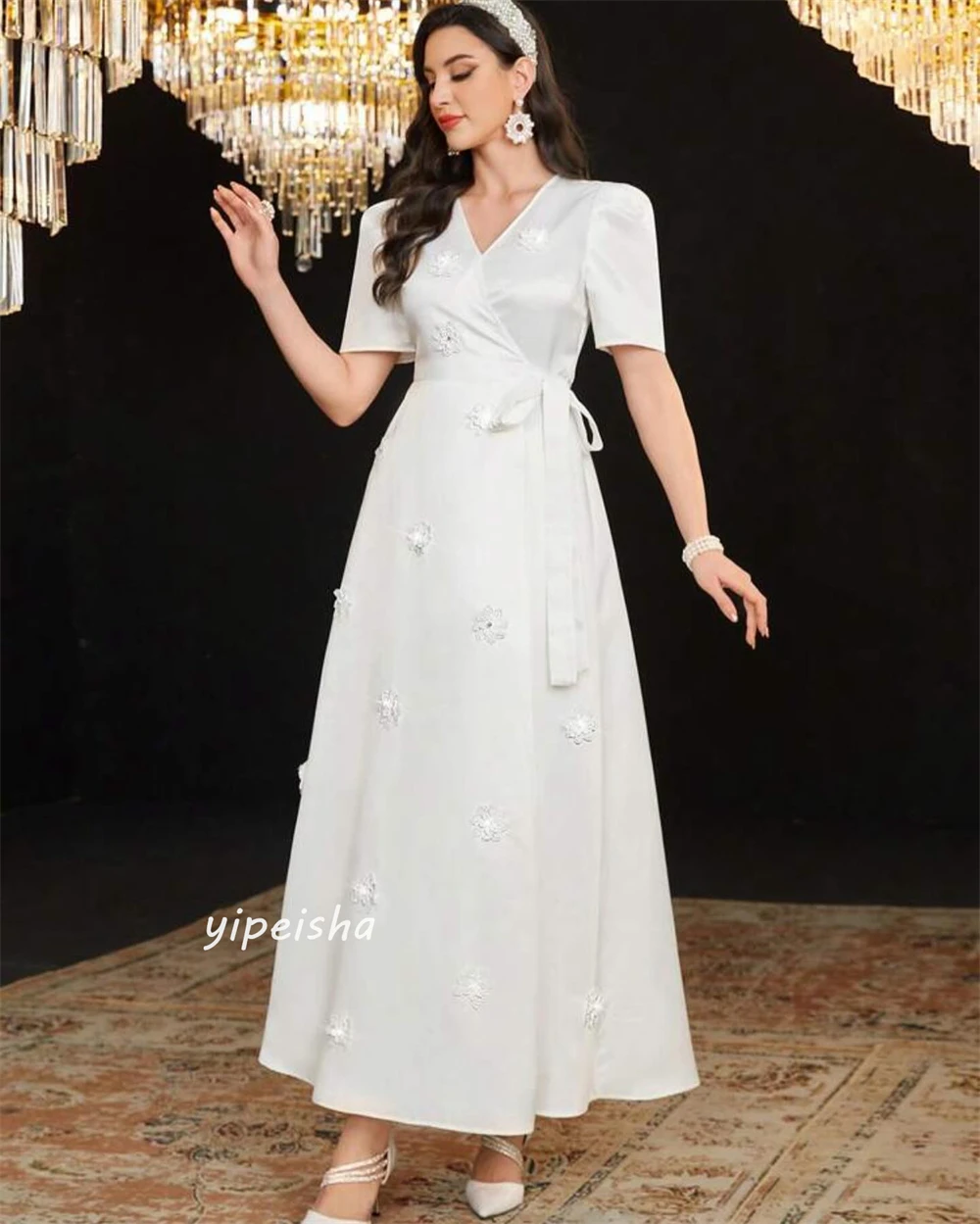 Prom Dress Saudi Arabia Satin Applique Draped Graduation A-line V-Neck Bespoke Occasion Gown Long Sleeve Dresses