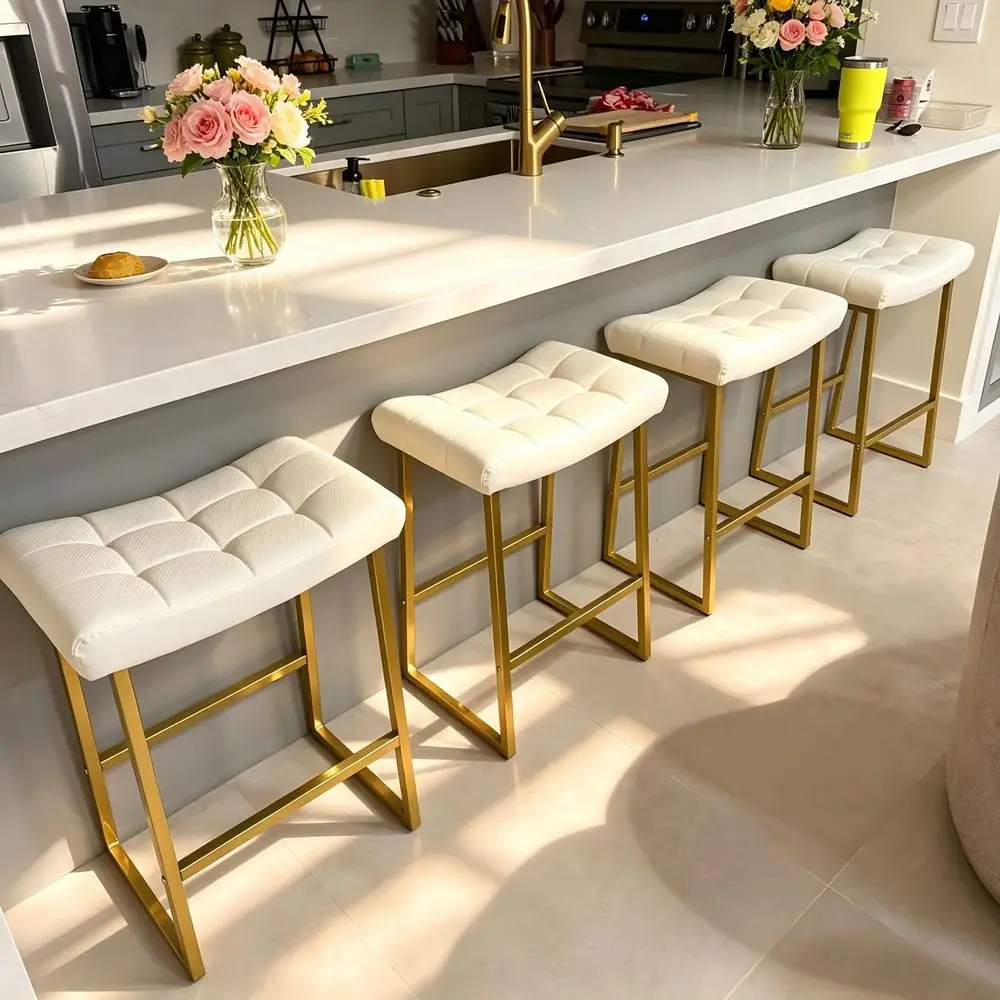 White amp Gold Counter Height Bar Stools Set of 4 for Kitchen Counter Backless Kitchen Island Barstools with Upholstered Faux L
