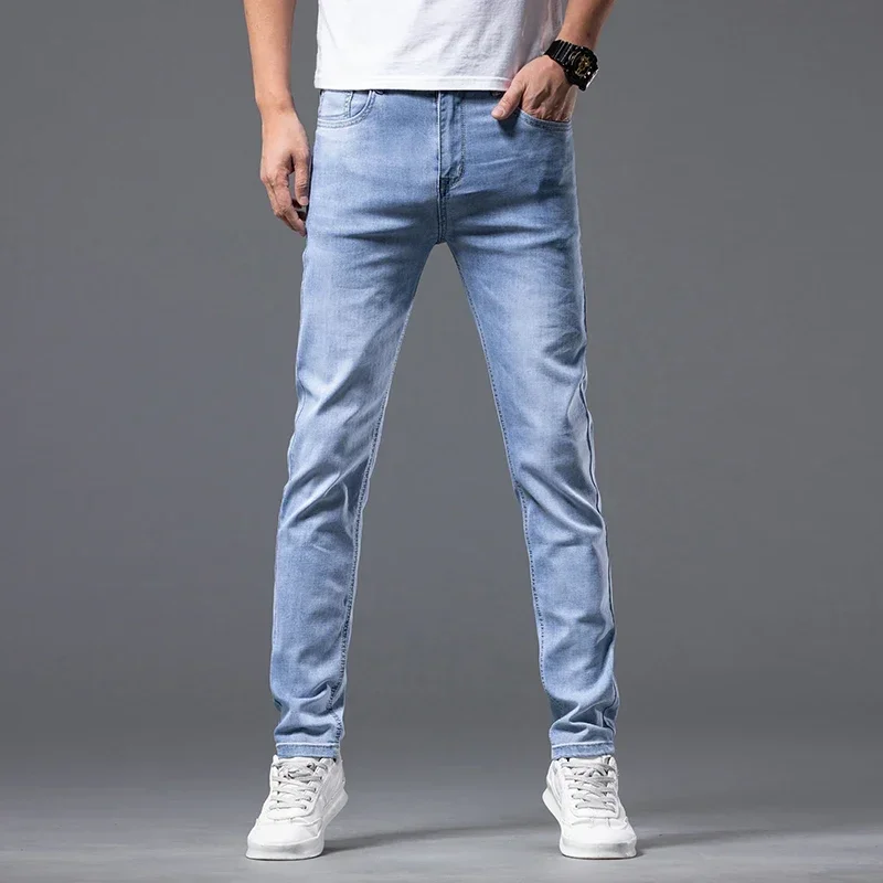 Spring Summer Men Jeans Solid Pockets Stretch Denim Straight Pants Business Casual Trousers Daily Streetwear Men's Clothing