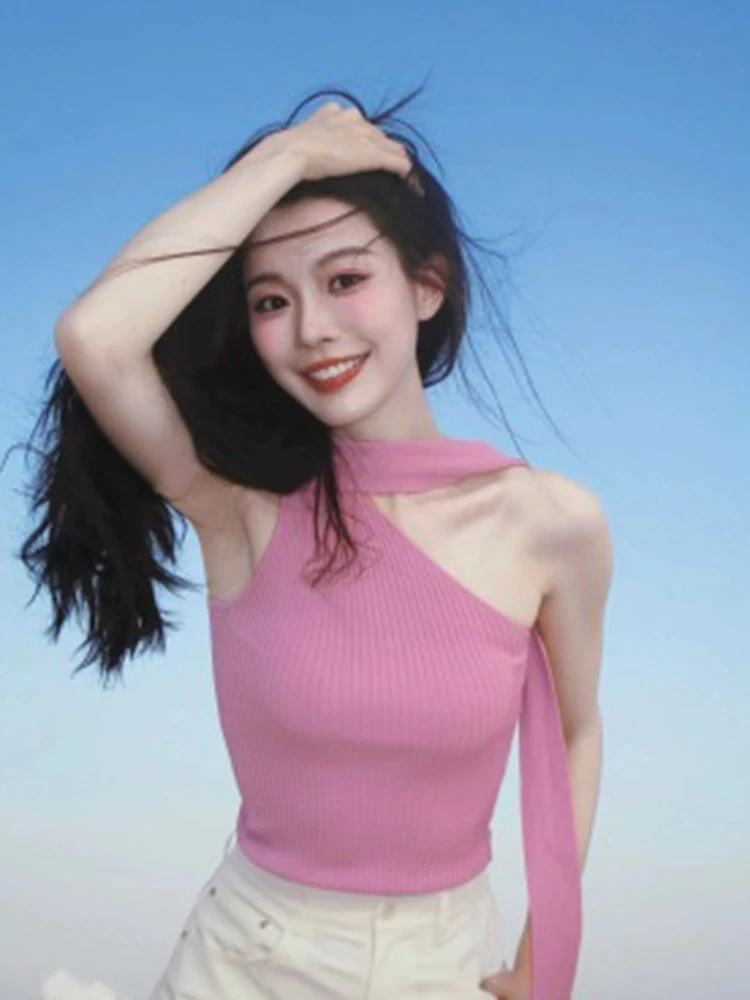 Irregular Knitted Svel Pure Color Simple Commute Sle Women's Top Inner Wear Vest Korean Version Straight Cut