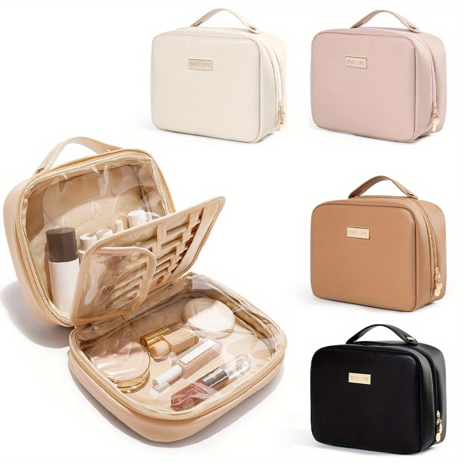 Makeup Organizer Bag, Portable Cosmetic Brush  Bag, Faux Leather, Suitable For  Travel Makeup  And Toiletry Organization