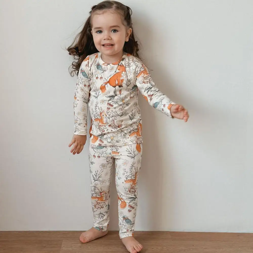 2024 Printed Girls Pajama Set Korean Fashion Round Neck Pajamas Cute Animal Printing Casual Children Home Clothes New Sleepwear