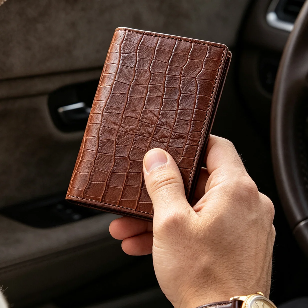 Custom Name Simple Leather Credit Card Holder for Men Crocodile Pattern Gift for Friend