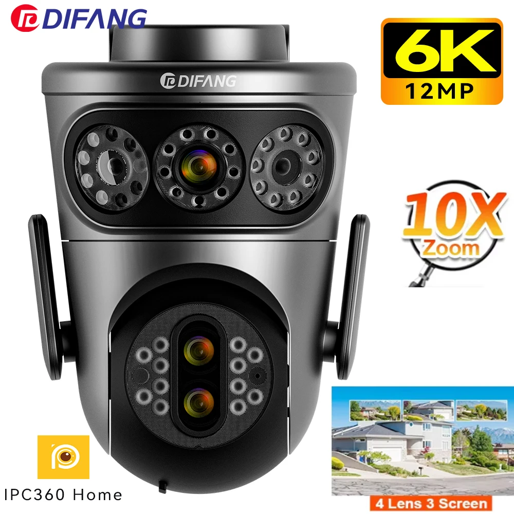 

12MP Home Security WiFi Camere 10X Zoom Three Screens Video Surveillance PTZ Webcam 360° Waterproof CCTV Wireless 6K IP Cameras