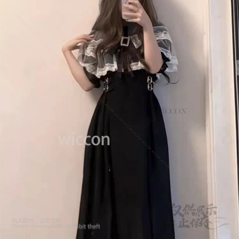 Velo japonés capa Jirai Kei Y2k vestido de encaje de doble capa con broche dulce niñas Kawaii temperamento sólido Vestidos mujeres Cos