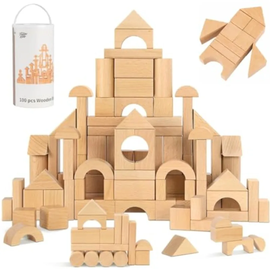 

100pcs Natural Beech Wood Building Blocks for Toddlers 1-3, Wooden Blocks with Storage Bucket and Shape Sorter Lid Montessori T