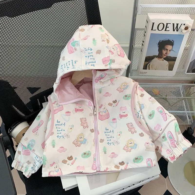 2026 New Korean Children's Clothing Cartoon Printed Casual Windproof Jacket Drawstring Jacket Cute Cartoon Zipper Top