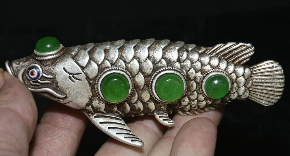 

Old Chinese Silver inlay Green Gems Feng Shui Wealth Fish Lucky Statue