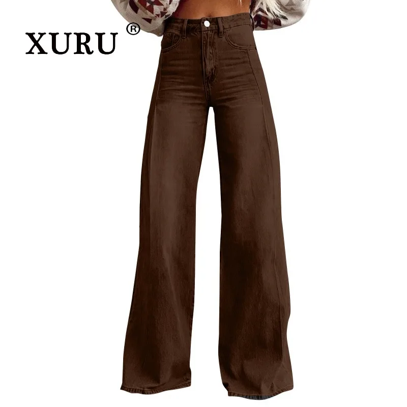 XURU - New Women's Retro Wide Leg Jeans, Y2k Clothes High Waist Design Sensible Long Jeans, Men's Pants