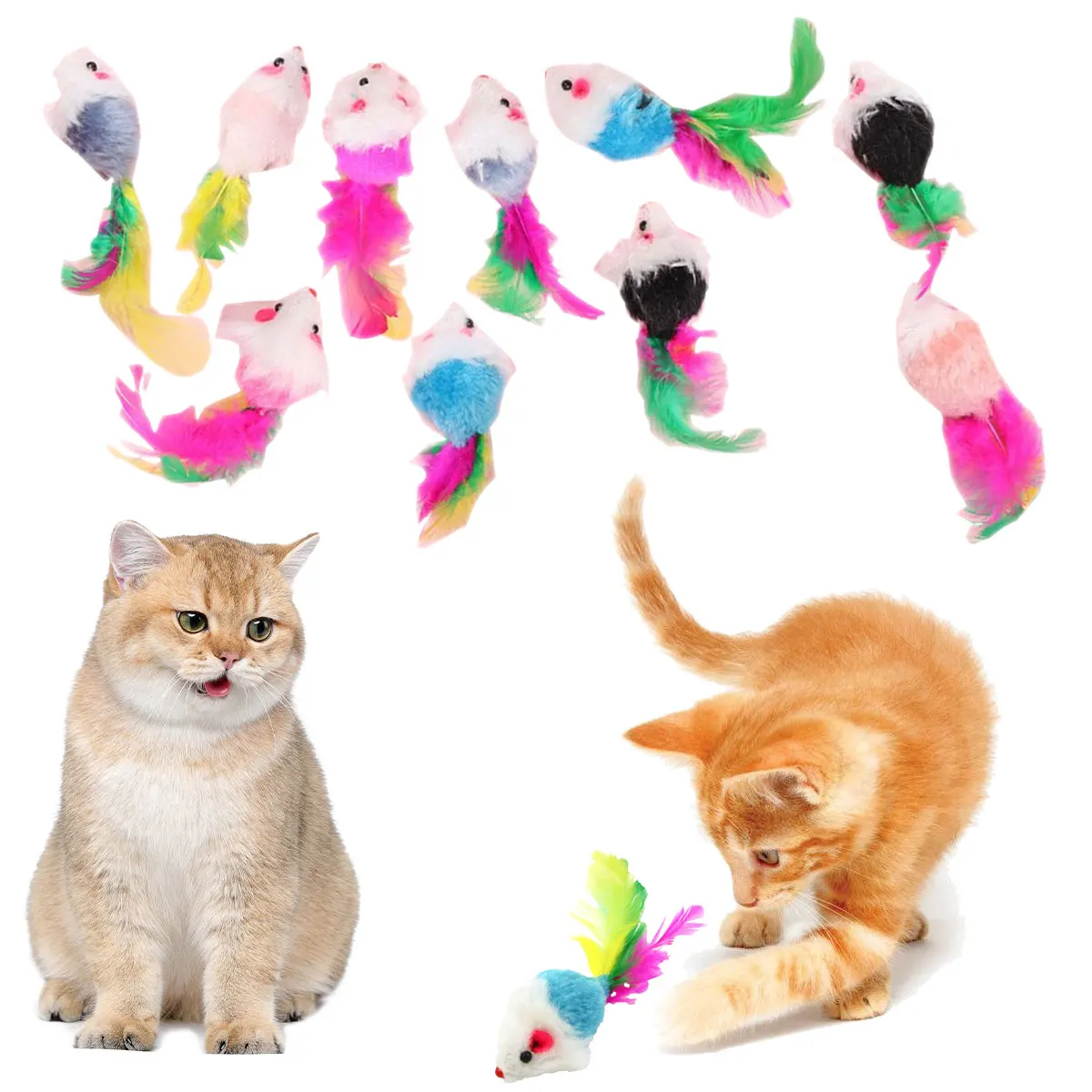

10PCS Rattle Cat Mouse Toys Interactive Indoor Cats Play Colorful Feather Funny Playing Training Toys Pet Accessories
