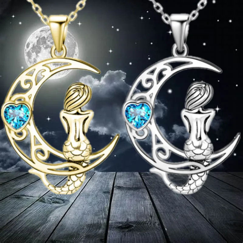 Fashion Mermaid Princess Moon Necklace Heart Zircon Pendant Engagement Necklaces for Women Princess Jewelry Anniversary Gift