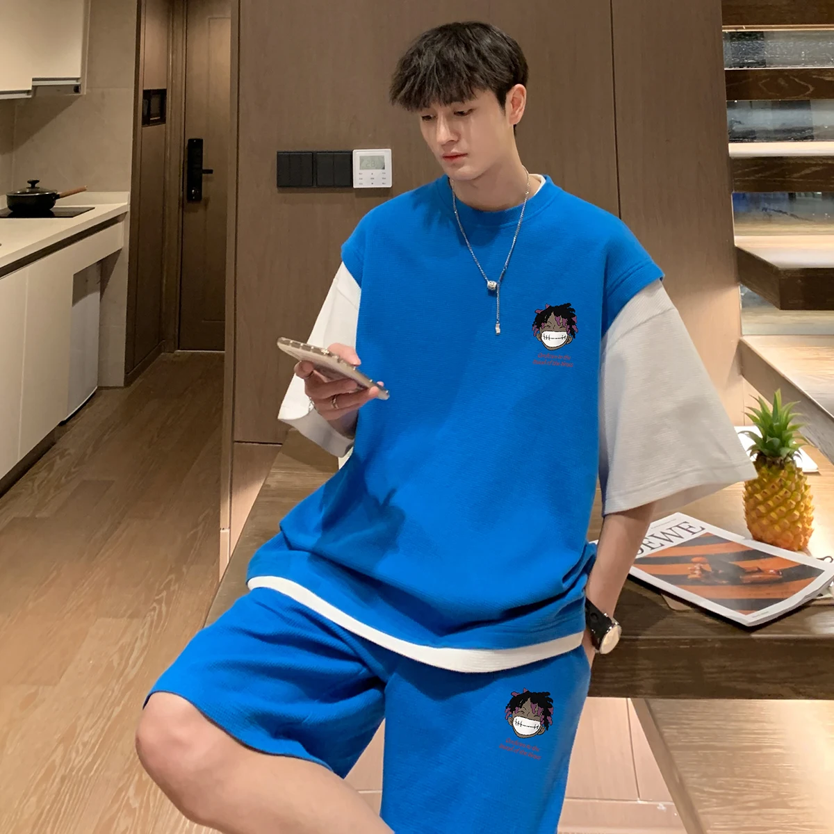 

Summer Sportswear Set Men's Trendy Brand ort Sve ort Pants Two-Piece Casual Outfit One Whole Set round Ne Cool Feeling