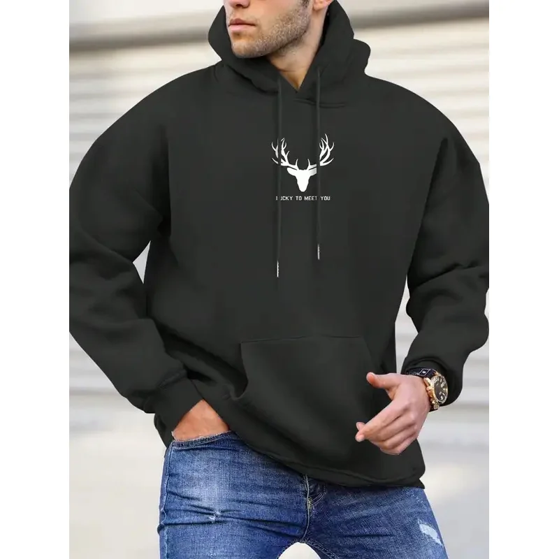 Simple antler printing mens hoodies casual street style clothing hip hop soft hooded loose pullover pocket autumn winter hoody