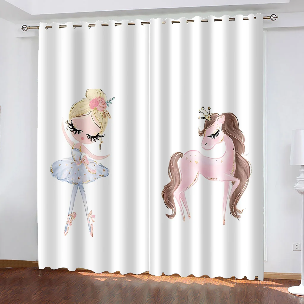 Cartoon Ballerina Princess Swan Pink Children\'s Cheap 2 Pieces Thin Curtain for Kid Teenagers Bedroom Living Room Window Decor