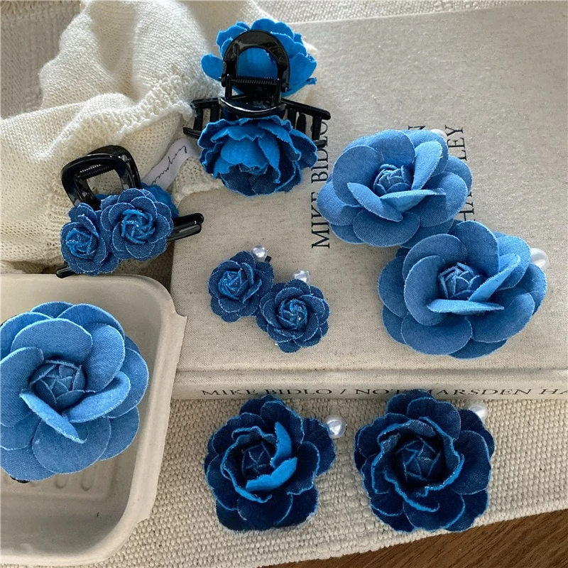 

Korean Blue Denim-Style Fabric Flower Hair Clip: Fashionable, Trendy, and Versatile Shark-Clip Hair Accessory